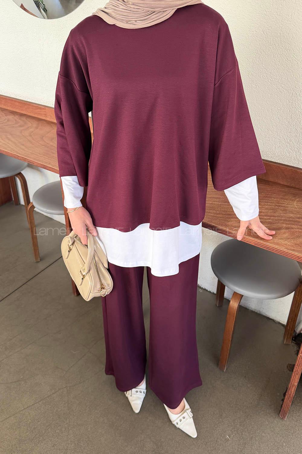 Lamelif Üçlü Tesettür Takım Bordo