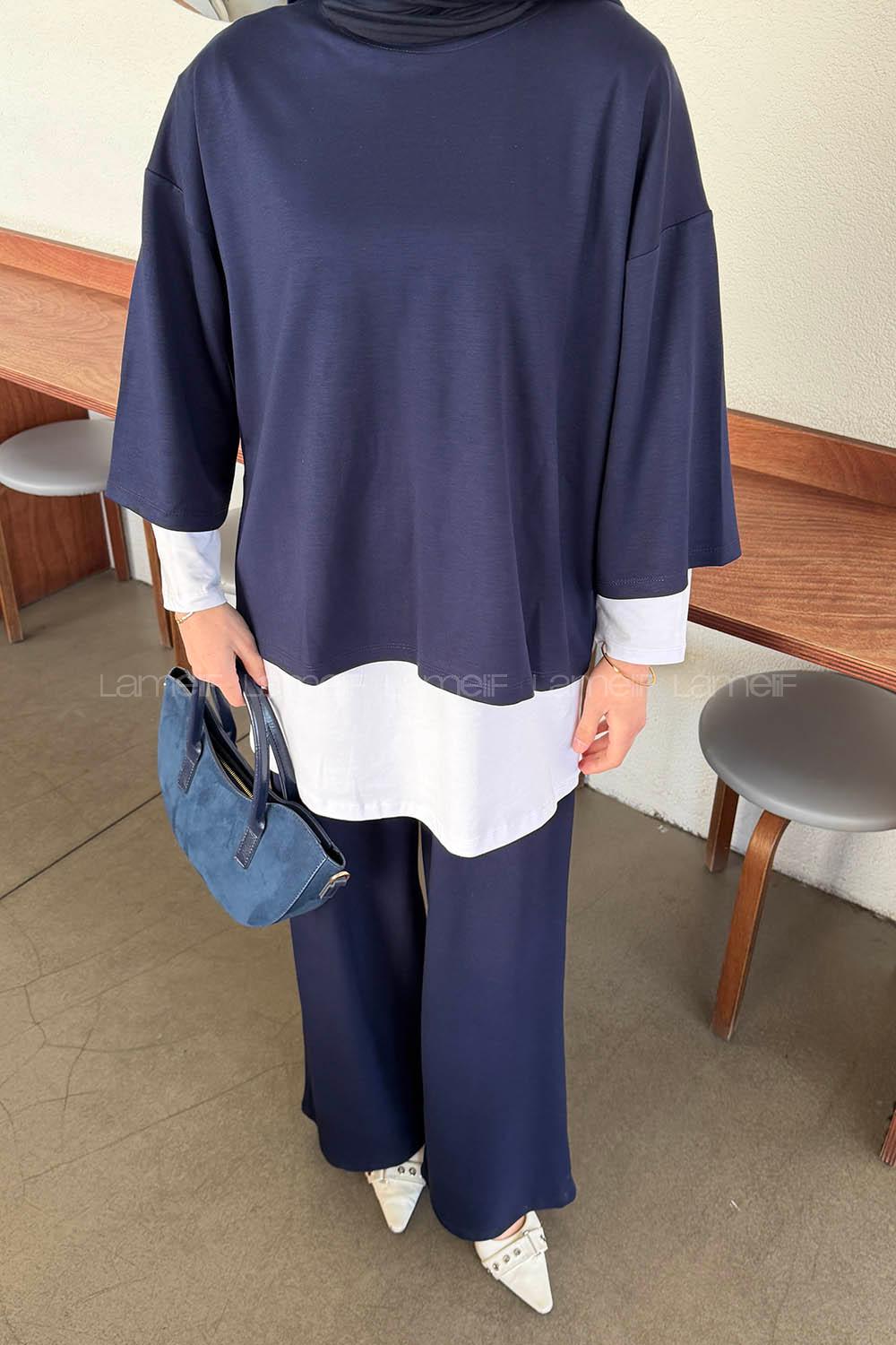 Lamelif Üçlü Tesettür Takım Lacivert