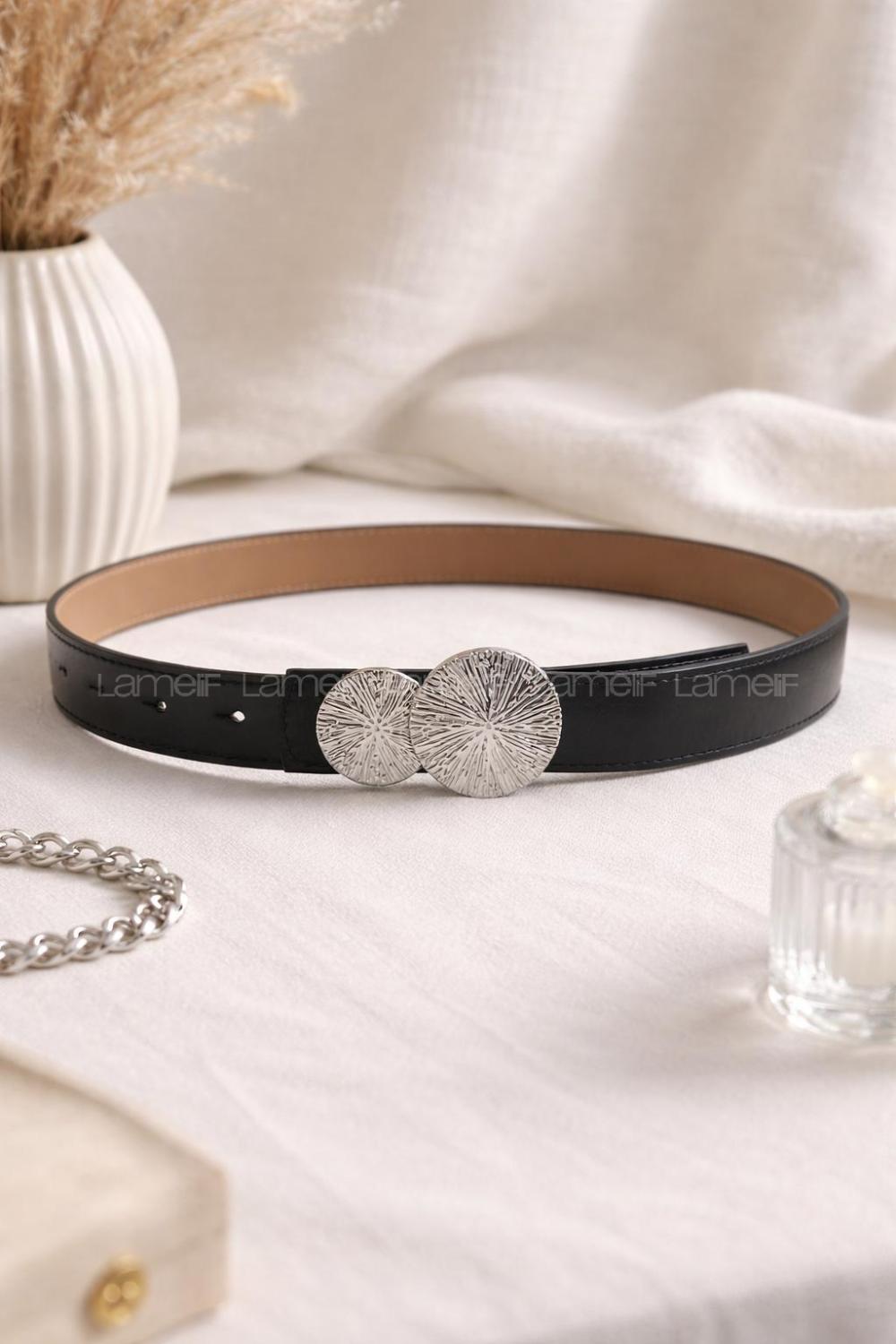 Lamelif Kadın Silindir Gümüş Toka Pantolon Elbise Kemer