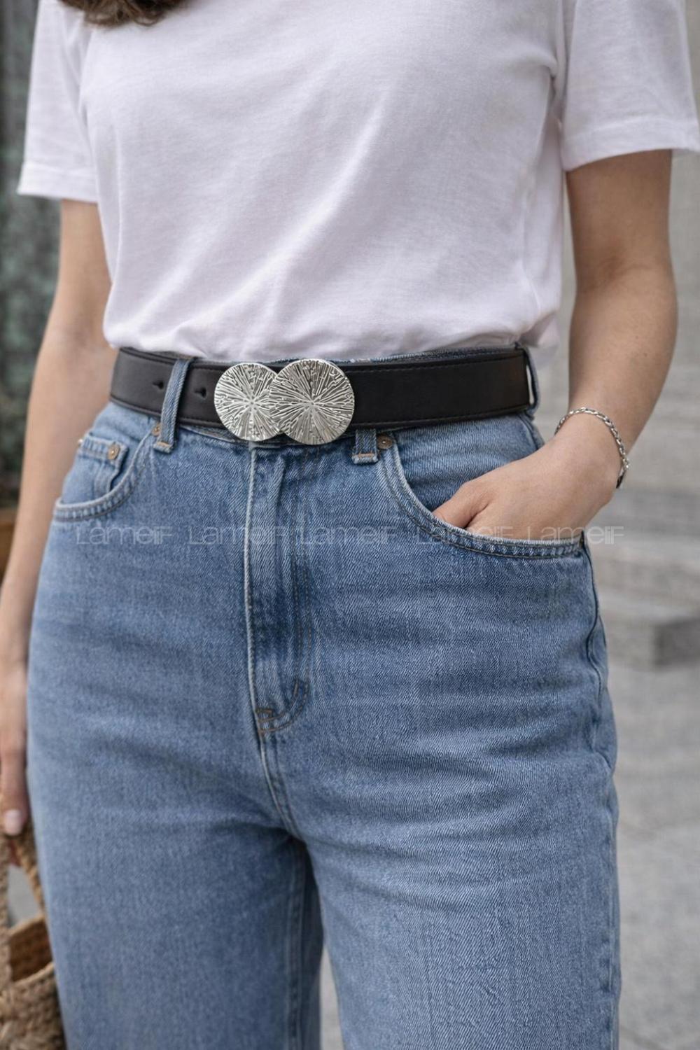 Lamelif Kadın Silindir Gümüş Toka Pantolon Elbise Kemer