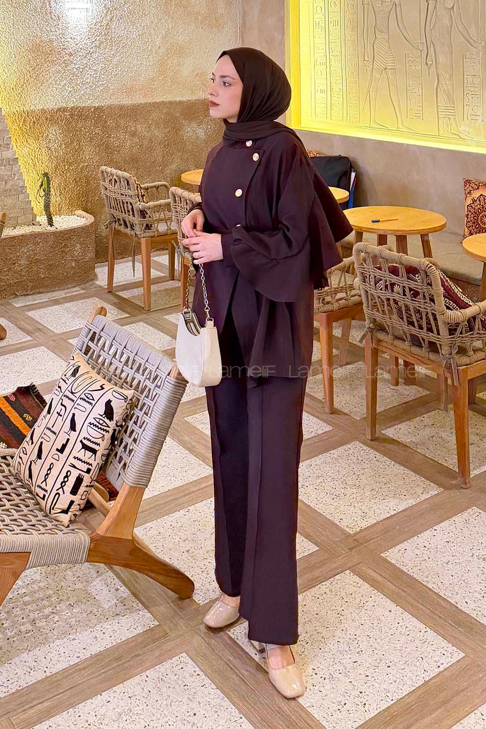 Plum Neckband Long Arm Viscose Fabric Regular Trousers Comfortable Suit