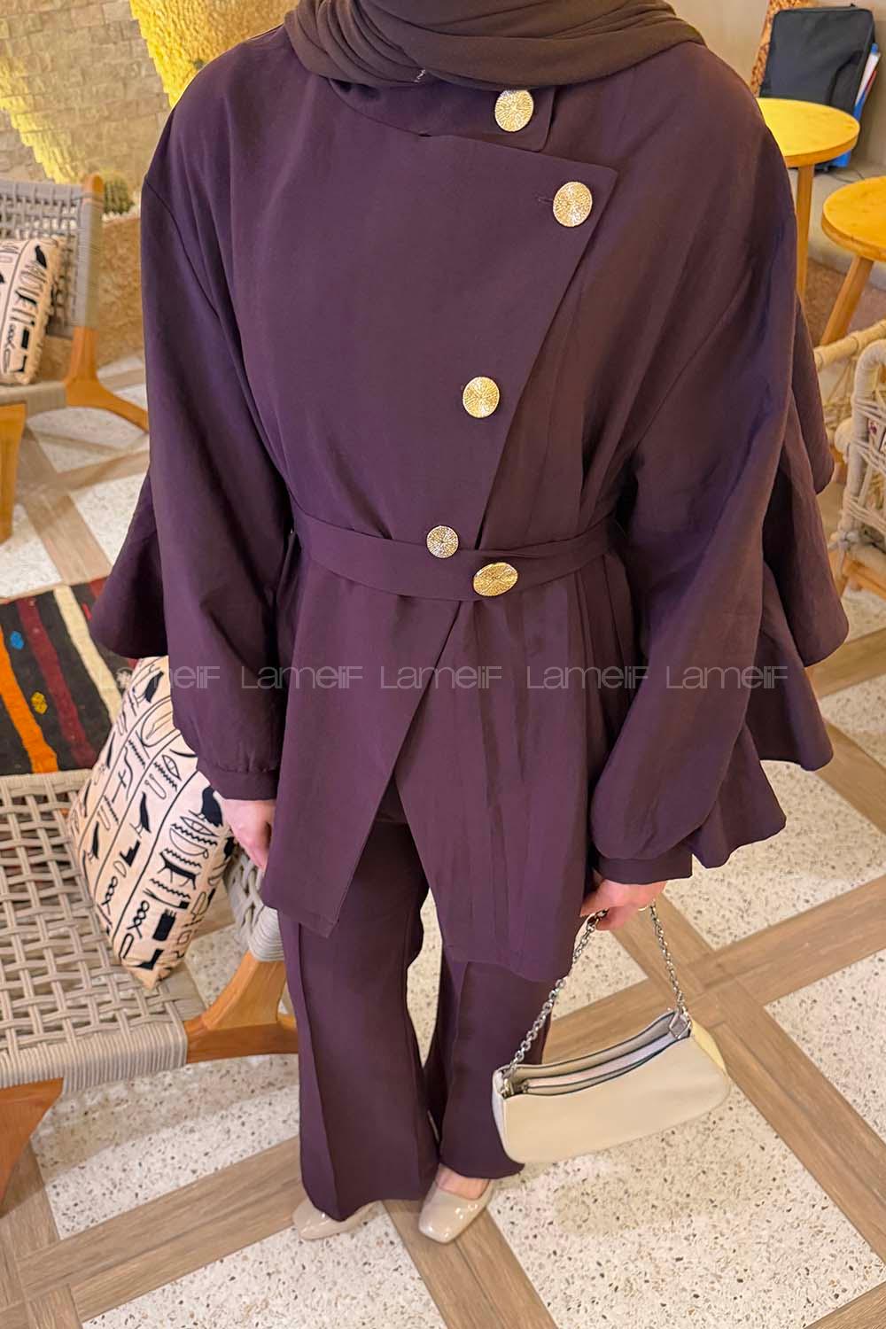Plum Neckband Long Arm Viscose Fabric Regular Trousers Comfortable Suit