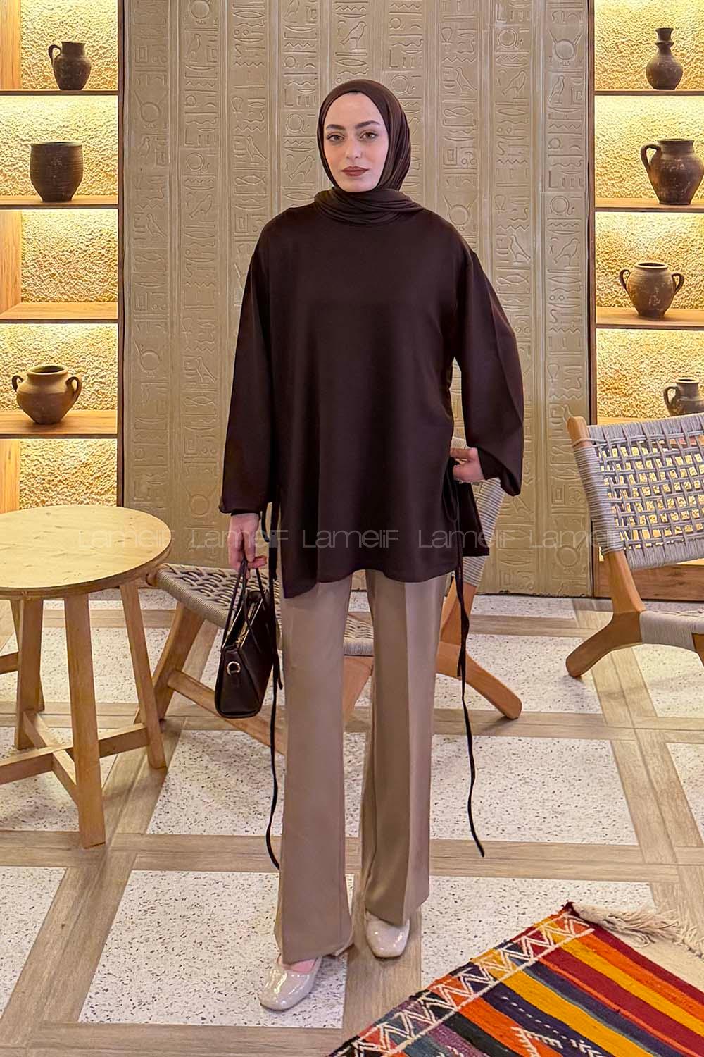 Bitter Brown Crew Neck Viscose Fabric Unprinted Tunic