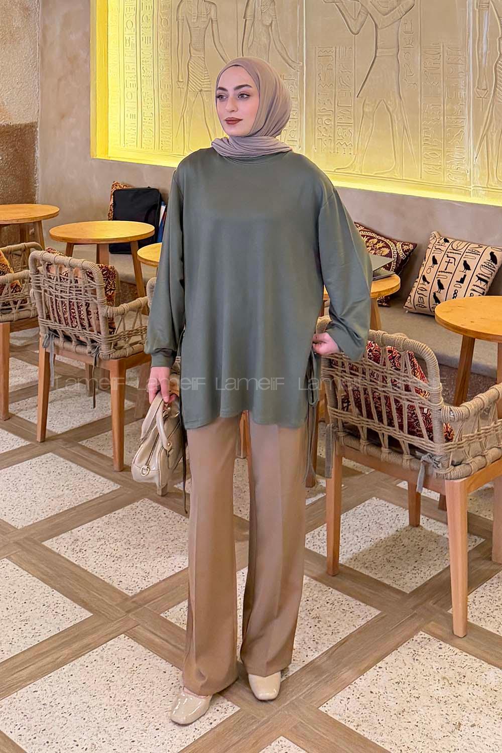 Khaki Crew Neck Viscose Fabric Unprinted Tunic