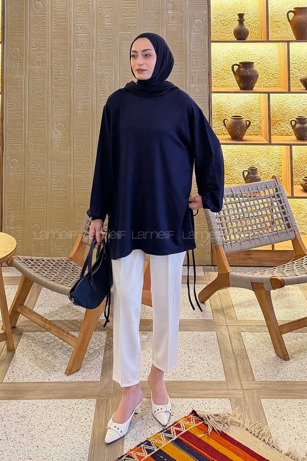 Navy Blue Crew Neck Viscose Fabric Unprinted Tunic
