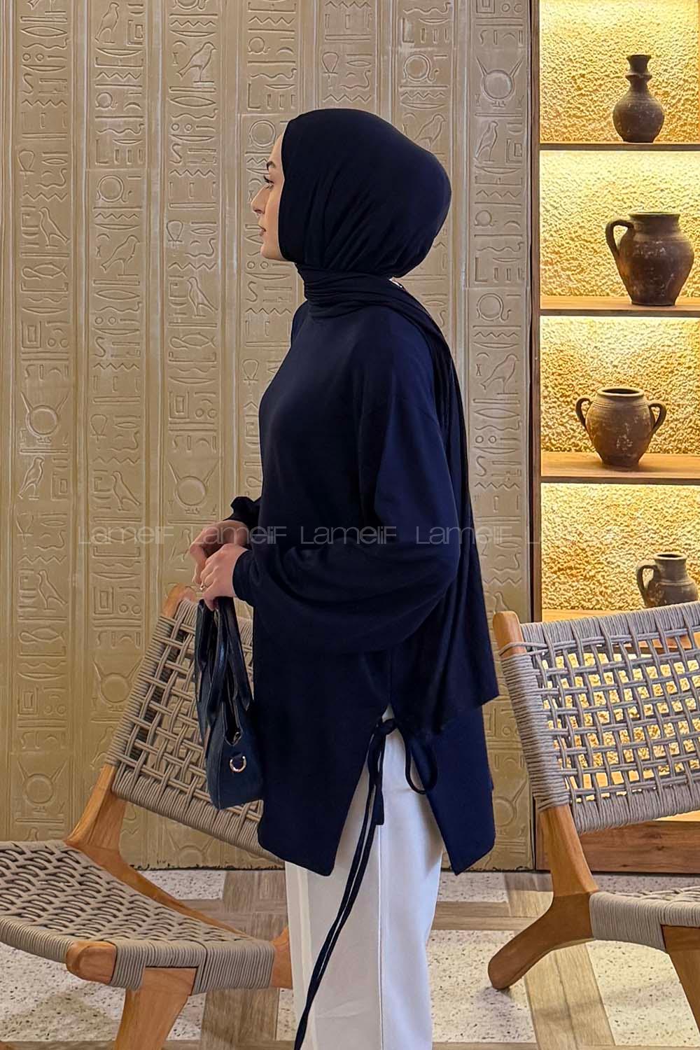 Navy Blue Crew Neck Viscose Fabric Unprinted Tunic