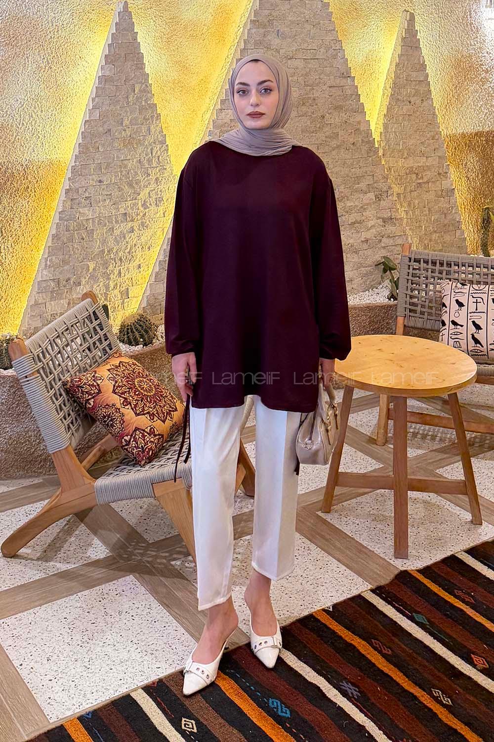 Plum Crew Neck Viscose Fabric Unprinted Tunic