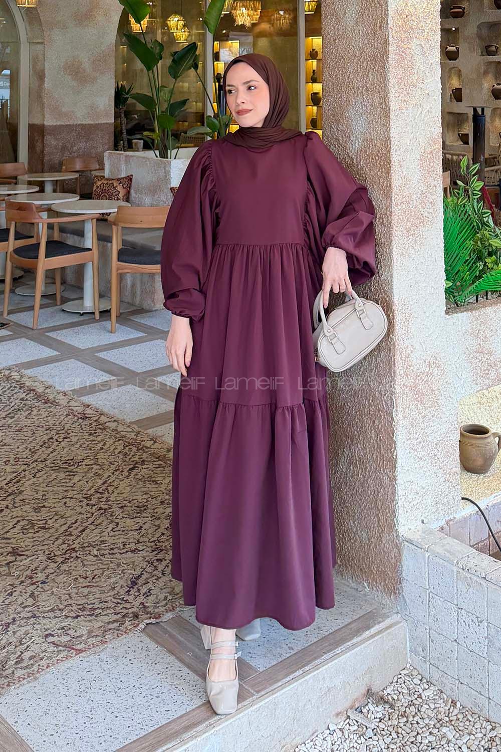 Lamelif Balon Kol Katlı Tesettür Elbise Mürdüm