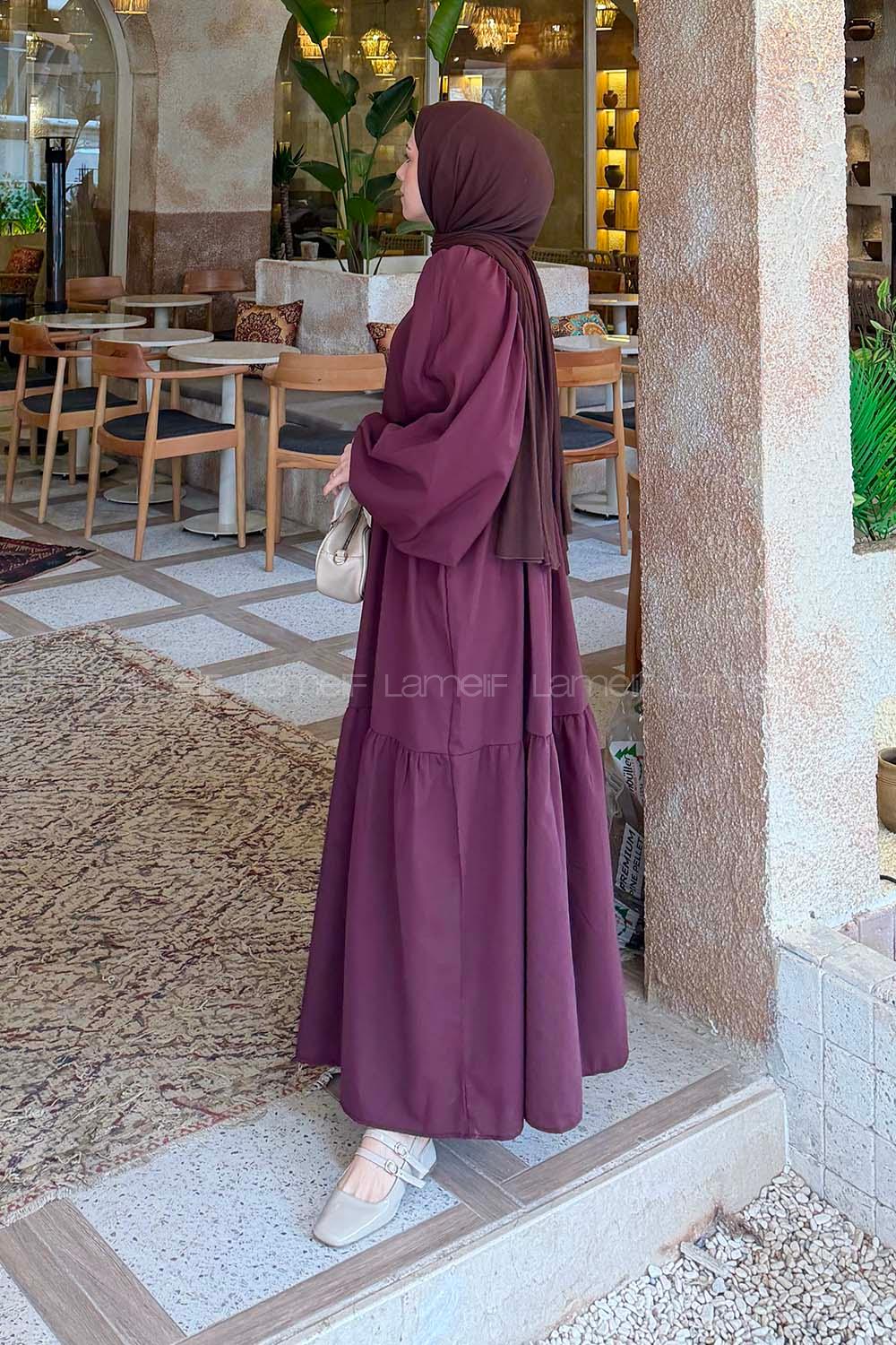 Lamelif Balon Kol Katlı Tesettür Elbise Mürdüm
