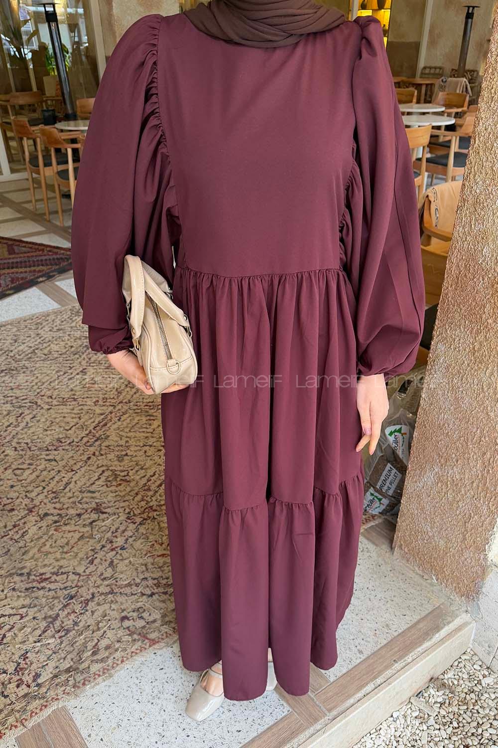 Lamelif Balon Kol Katlı Tesettür Elbise Mürdüm