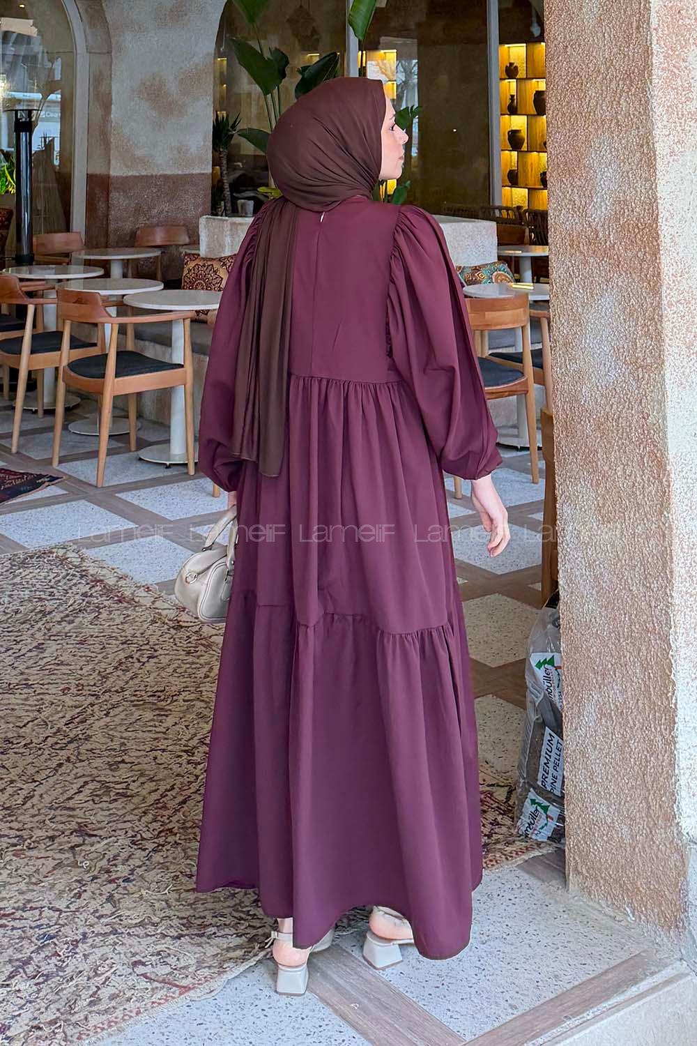 Lamelif Balon Kol Katlı Tesettür Elbise Mürdüm