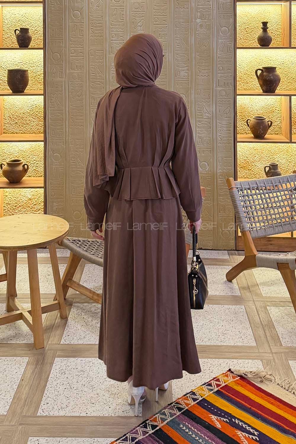 Lamelif Ceket Düğme Detaylı Etekli Takım Kahve