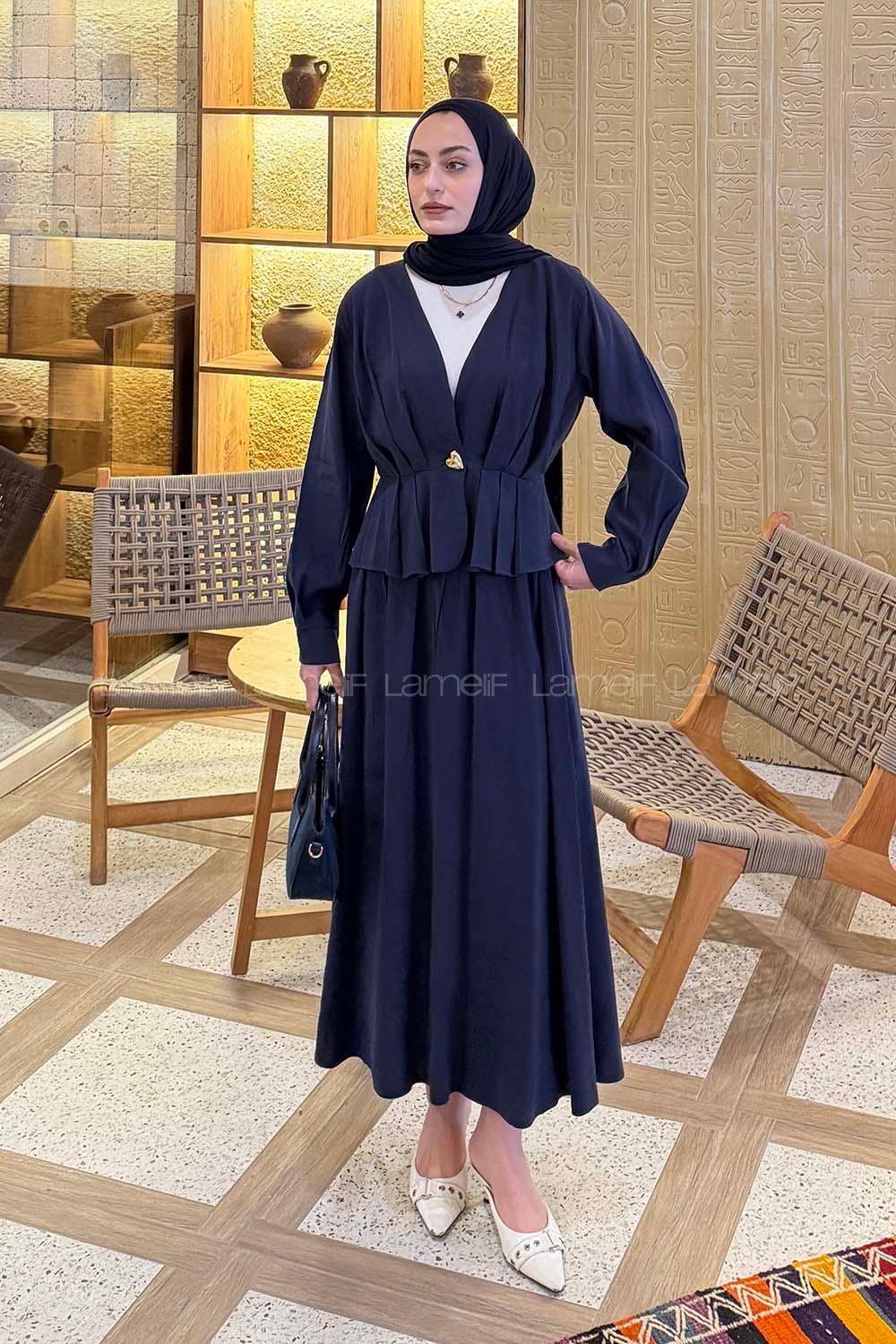 Lamelif Ceket Düğme Detaylı Etekli Takım Lacivert