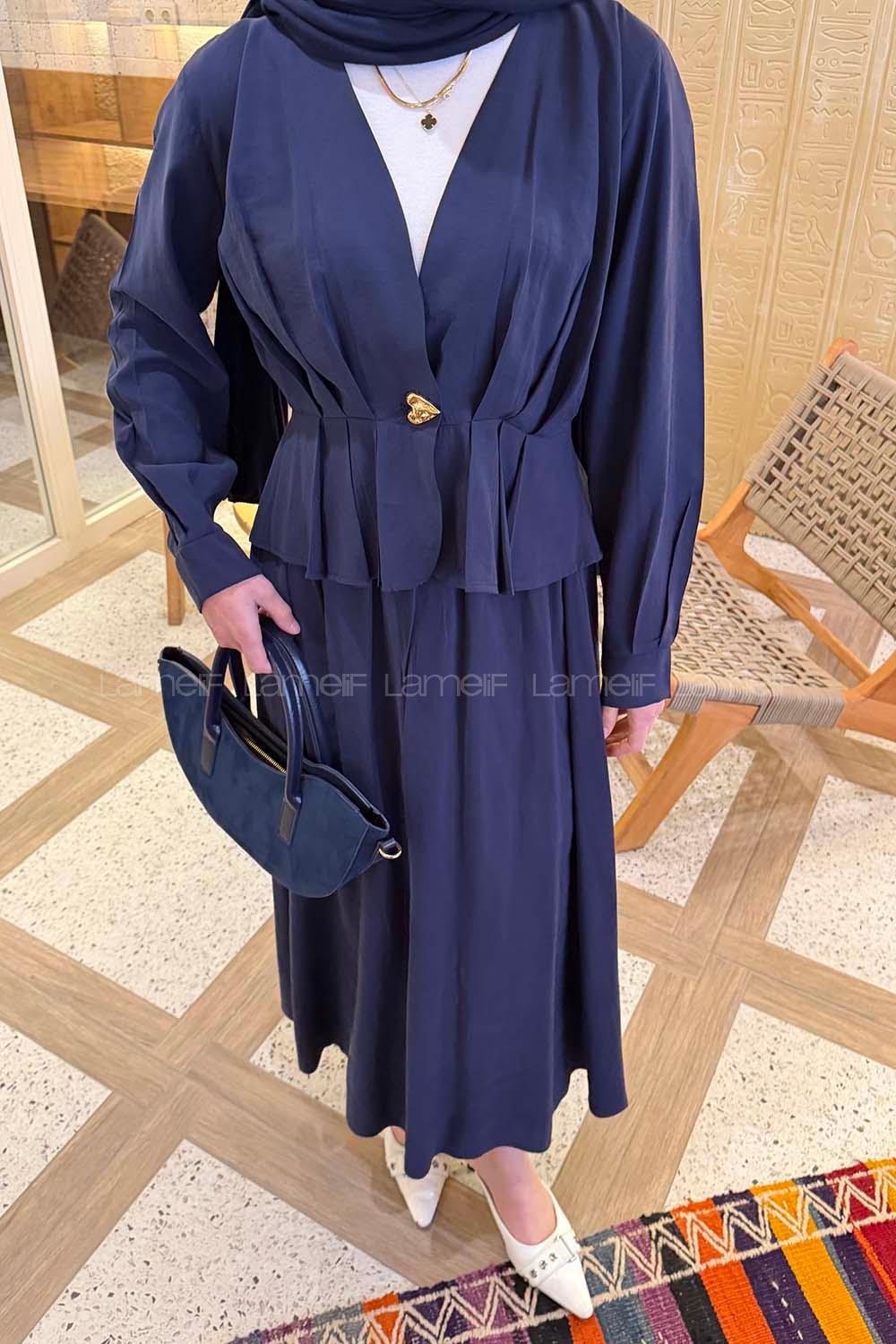 Lamelif Ceket Düğme Detaylı Etekli Takım Lacivert