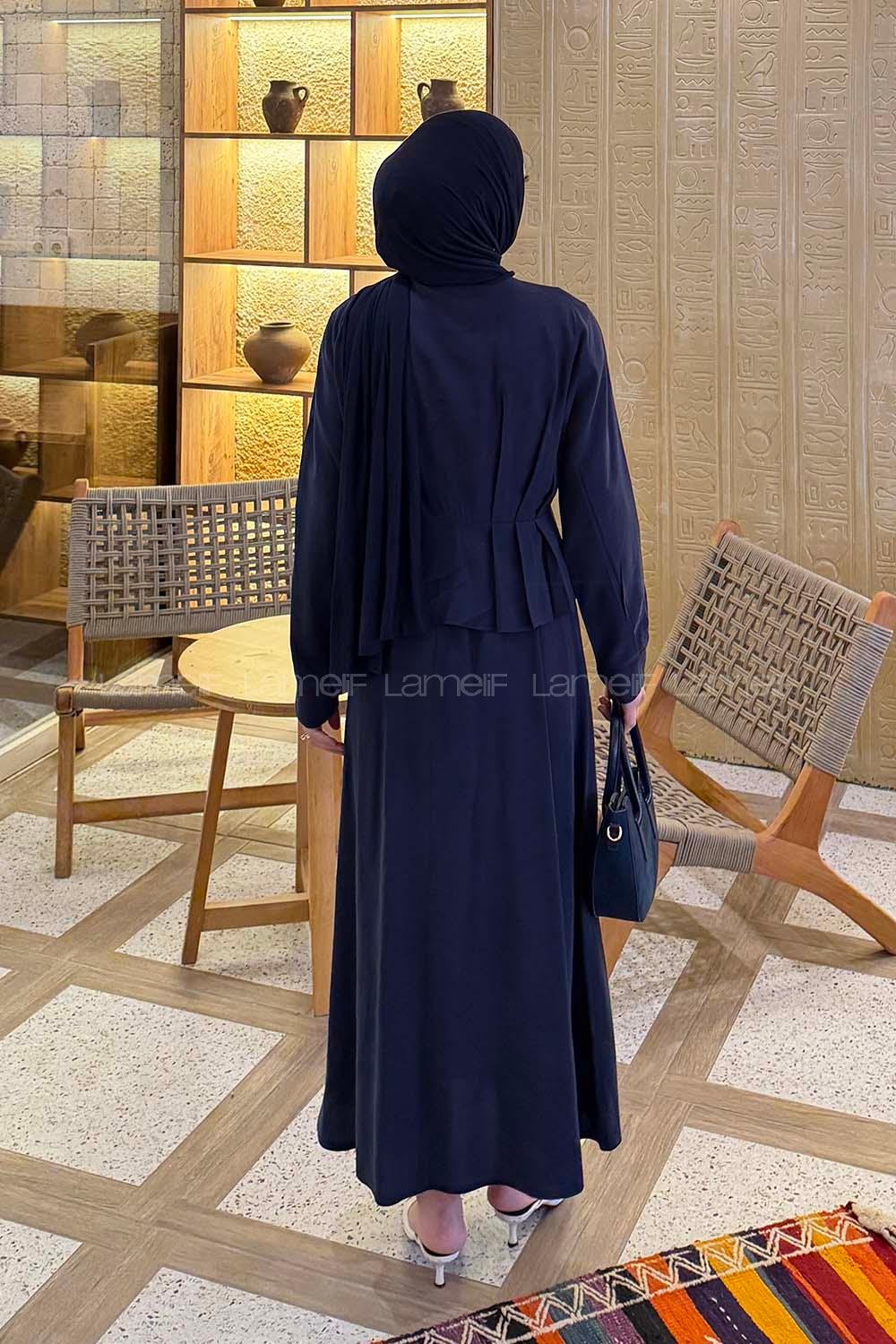 Lamelif Ceket Düğme Detaylı Etekli Takım Lacivert
