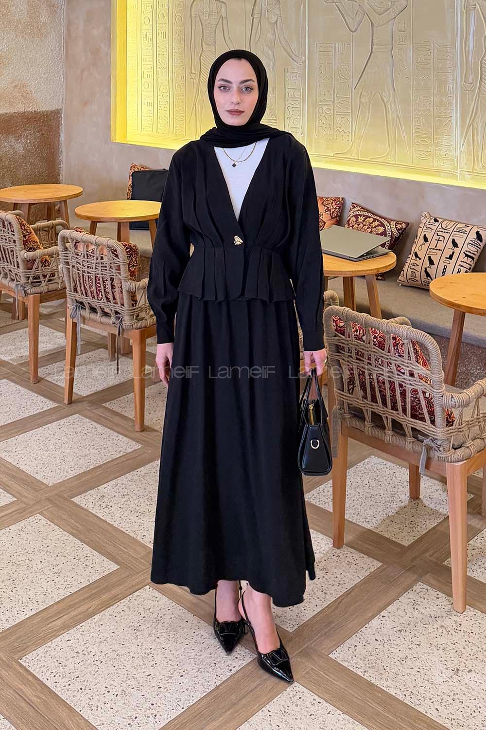 Lamelif Ceket Düğme Detaylı Etekli Takım Siyah