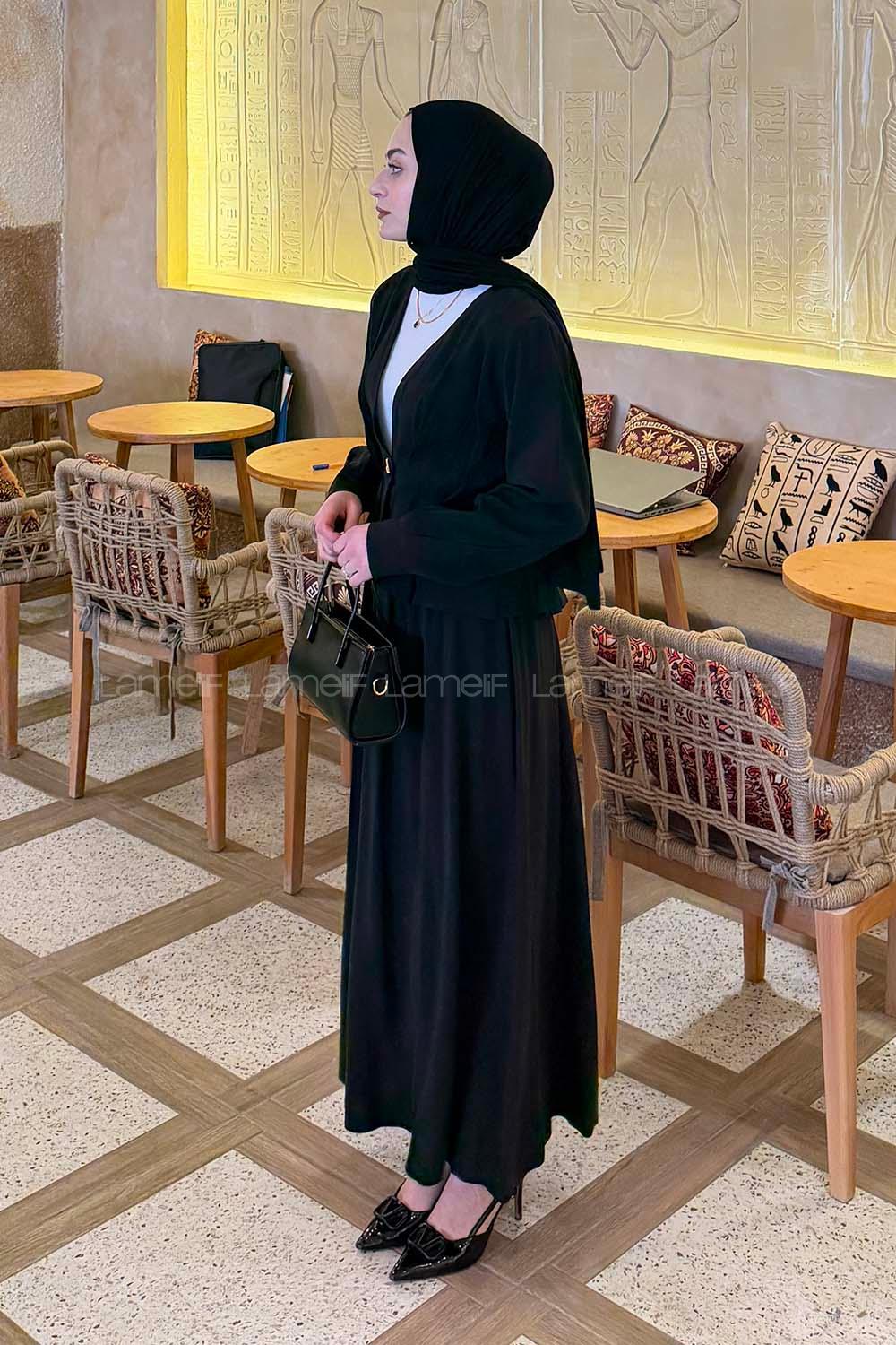 Lamelif Ceket Düğme Detaylı Etekli Takım Siyah