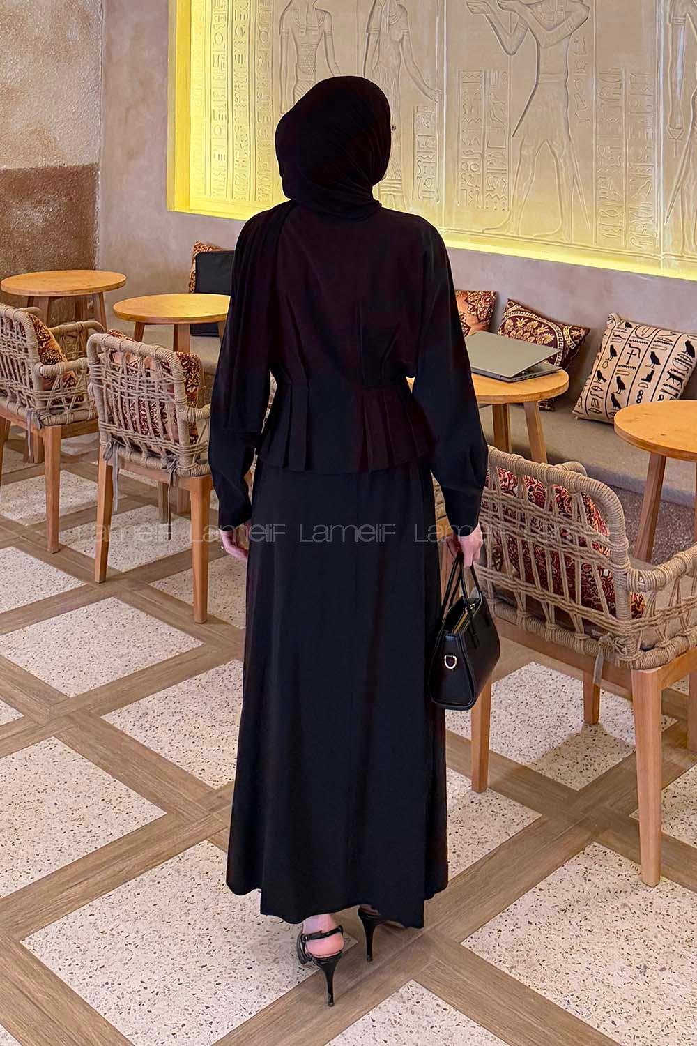 Lamelif Ceket Düğme Detaylı Etekli Takım Siyah