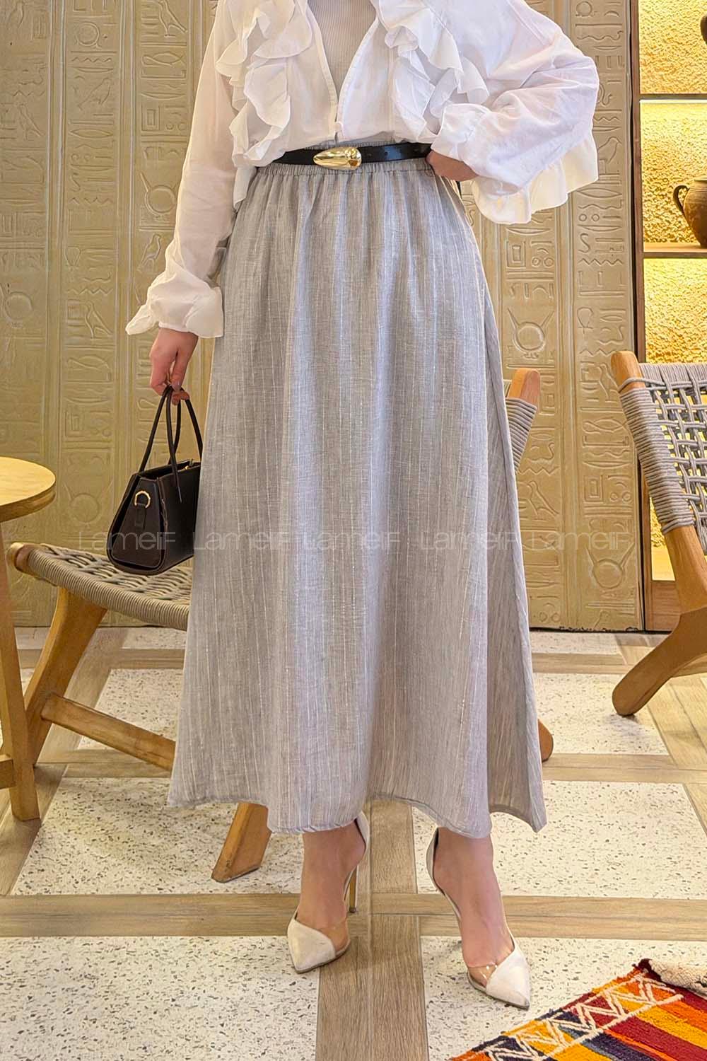 Light Grey Linen Unprinted Flared Skirt Skirt