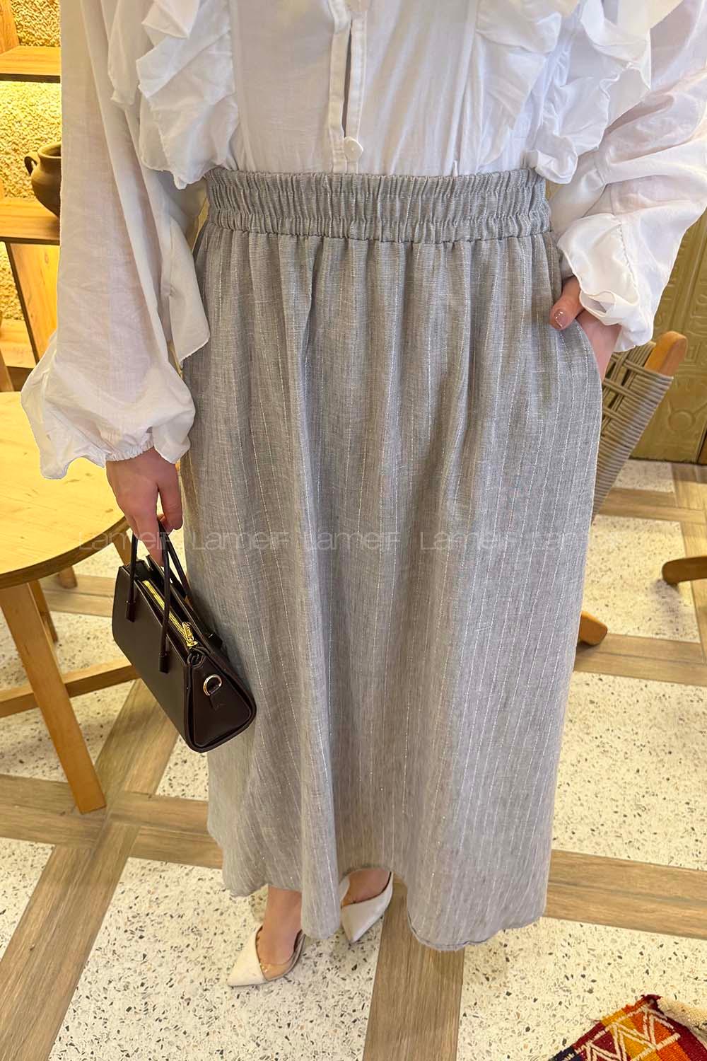 Light Grey Linen Unprinted Flared Skirt Skirt