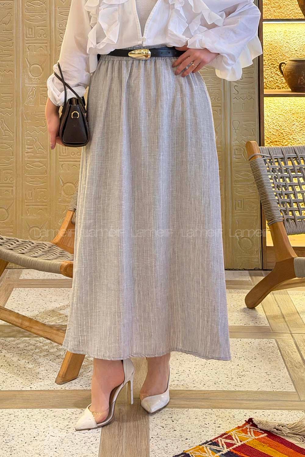 Light Grey Linen Unprinted Flared Skirt Skirt