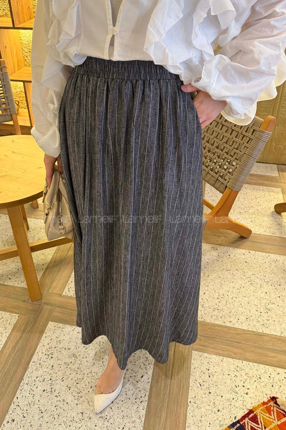 Lamelif Çizgili Tesettür Etek Antrasit