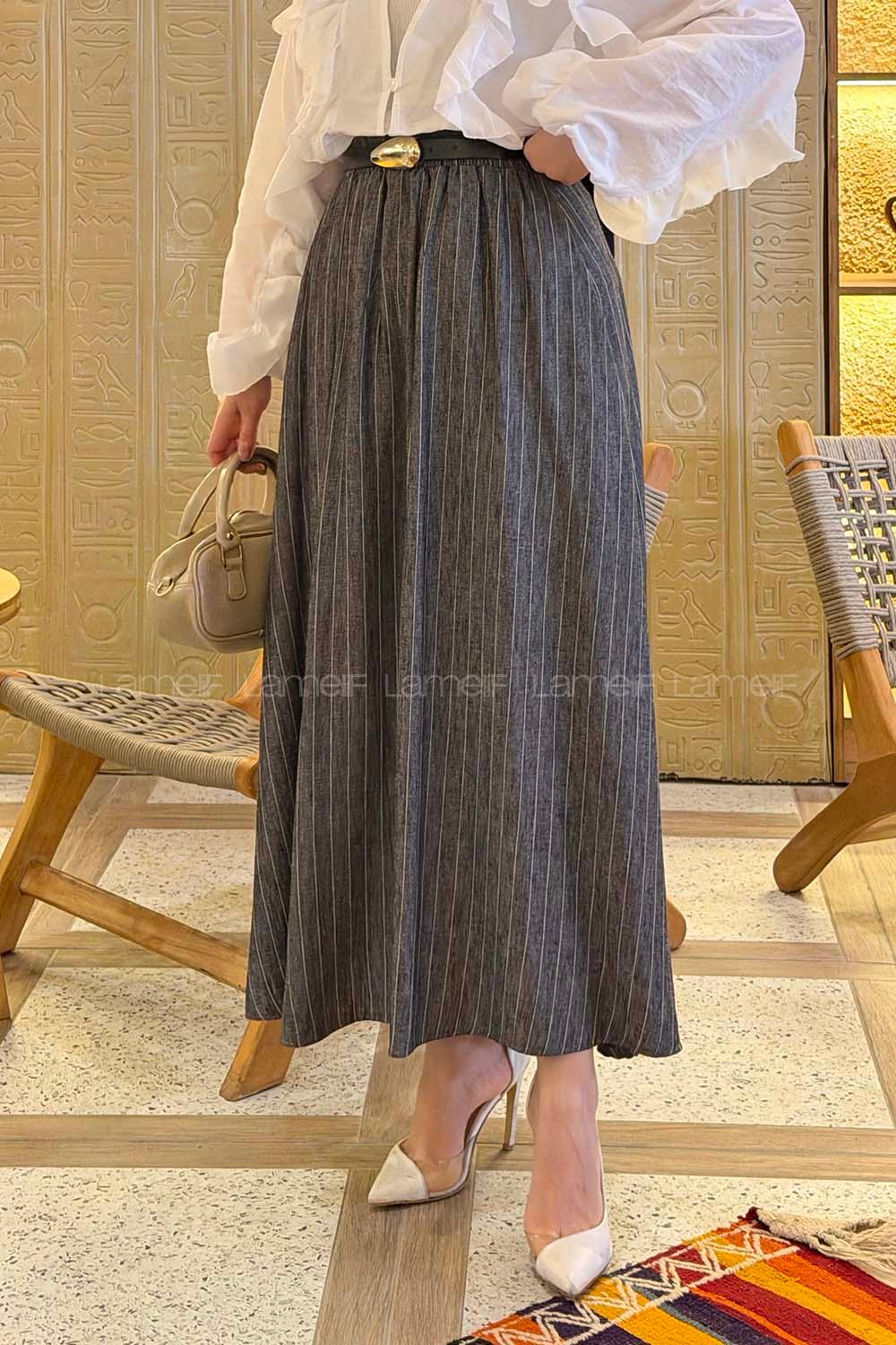 Lamelif Çizgili Tesettür Etek Antrasit