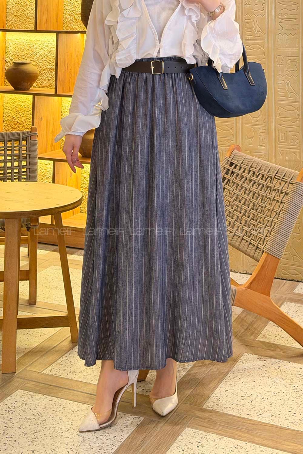 Denim Blue Linen Unprinted Flared Skirt Skirt
