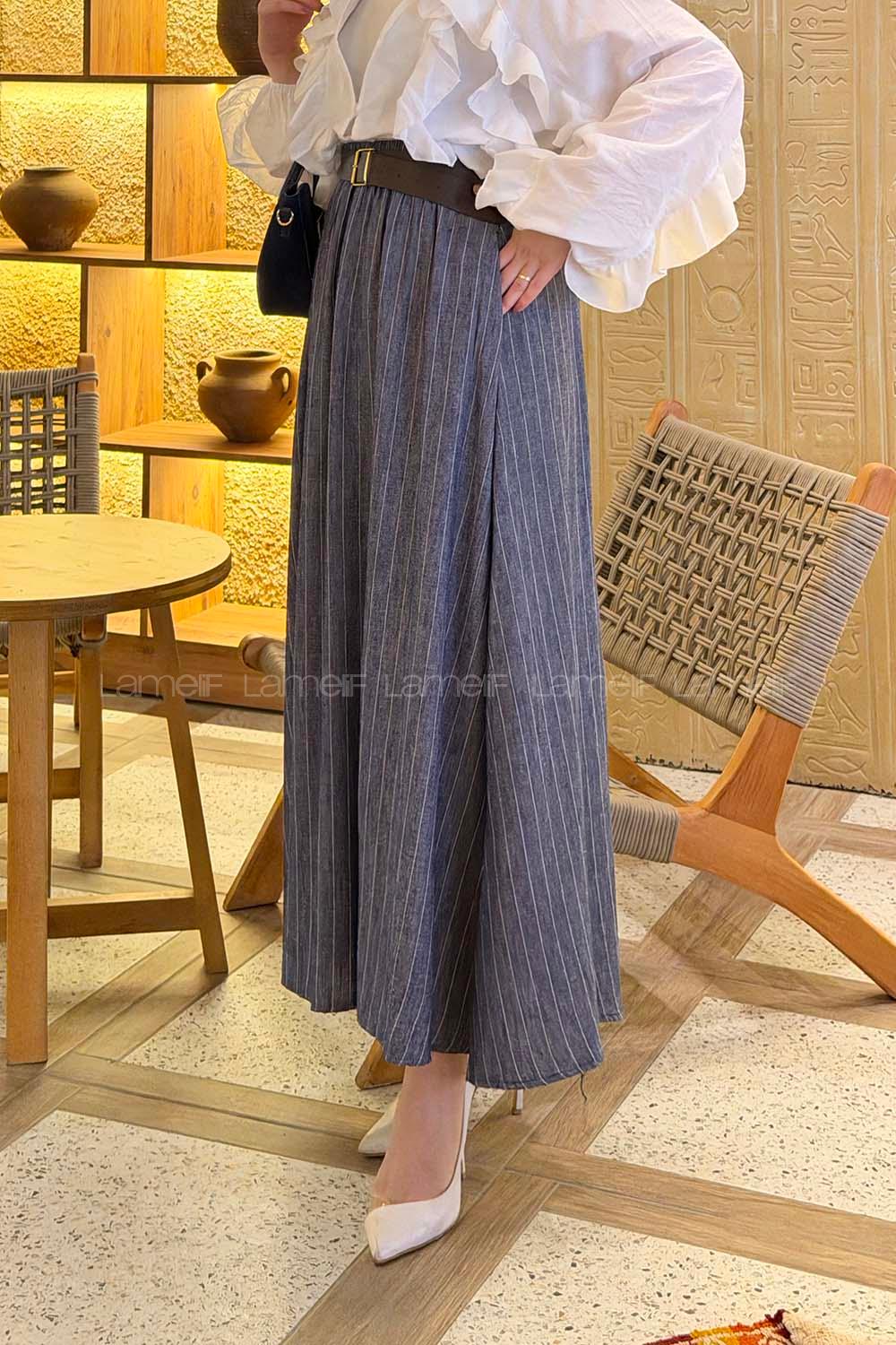 Denim Blue Linen Unprinted Flared Skirt Skirt