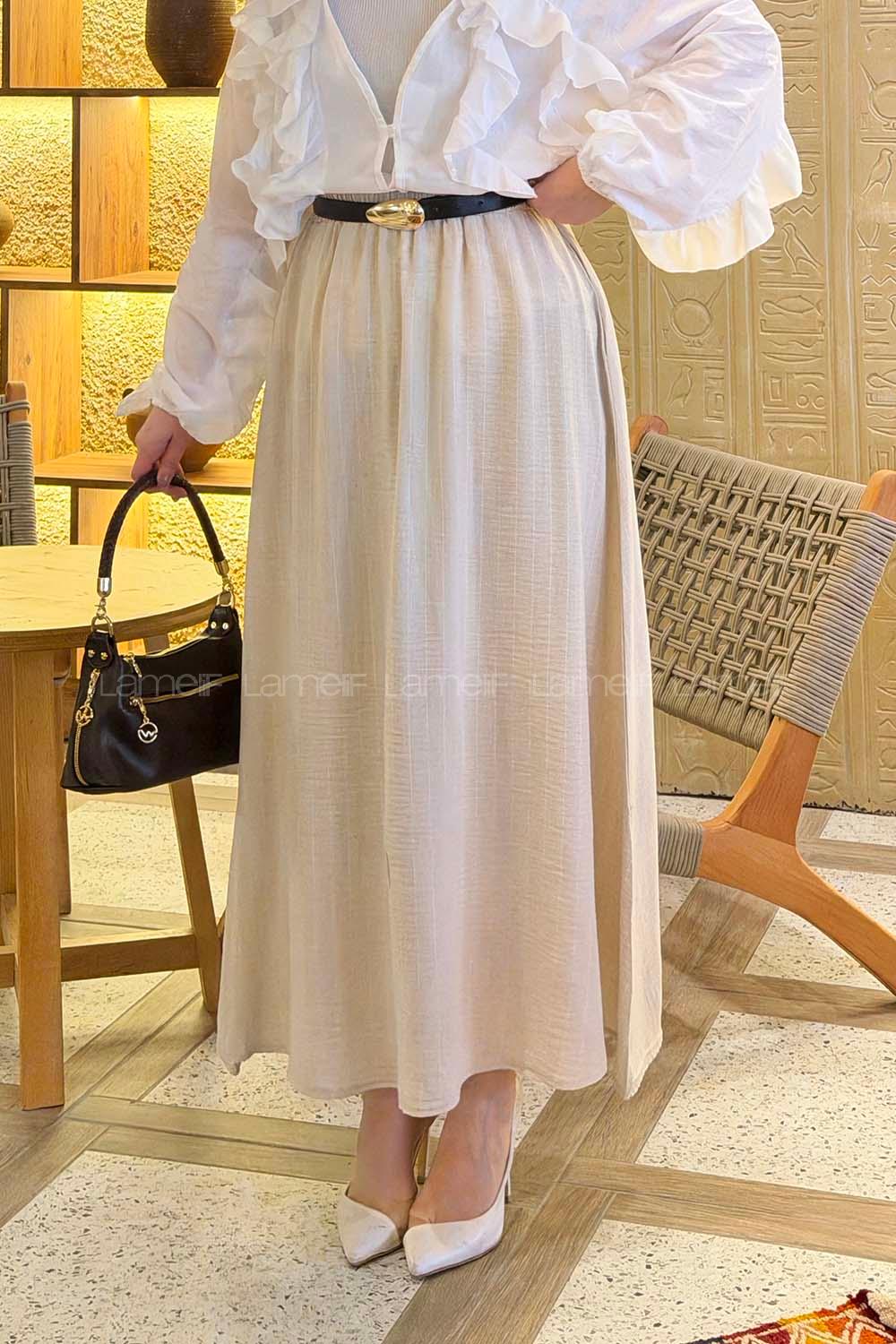 Lamelif Çizgili Tesettür Etek Krem