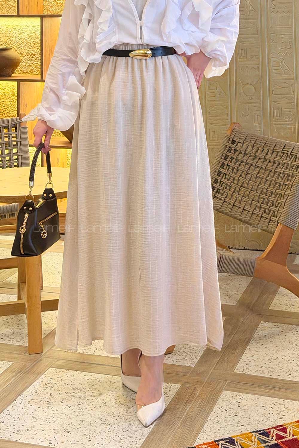 Lamelif Çizgili Tesettür Etek Krem