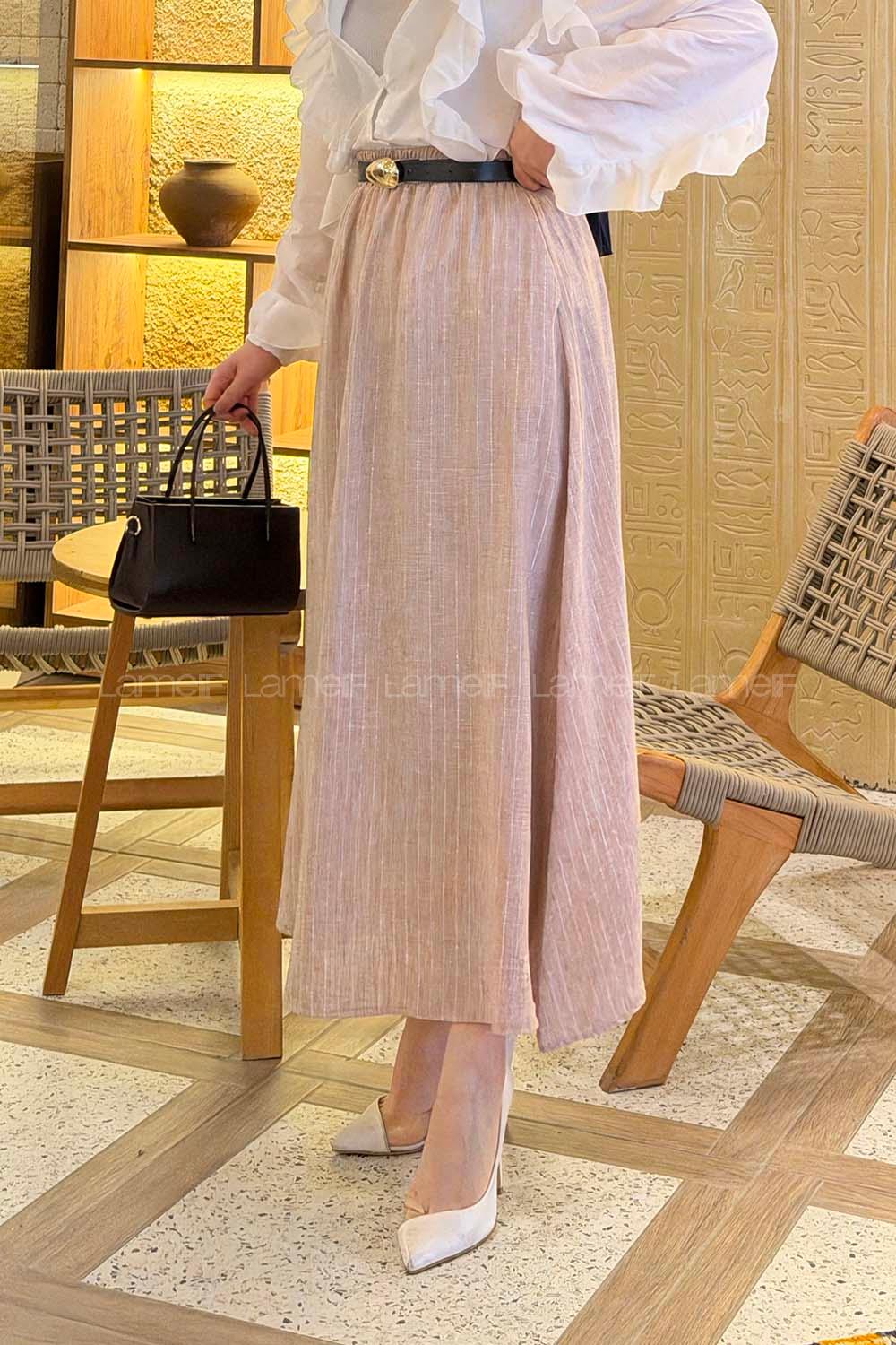 Salmon Linen Unprinted Flared Skirt Skirt