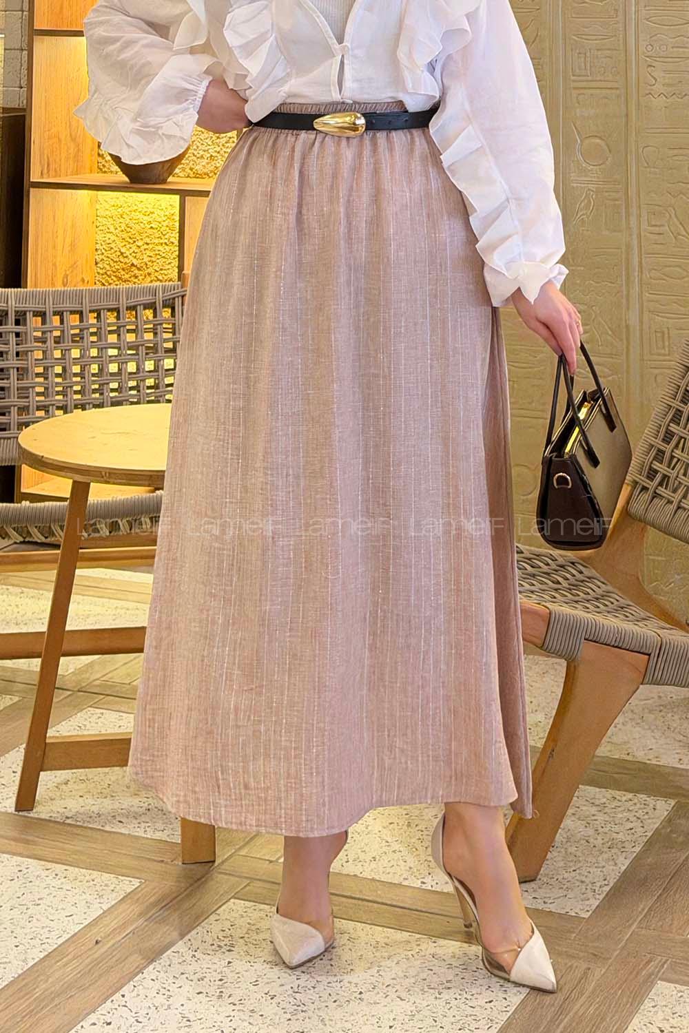 Salmon Linen Unprinted Flared Skirt Skirt
