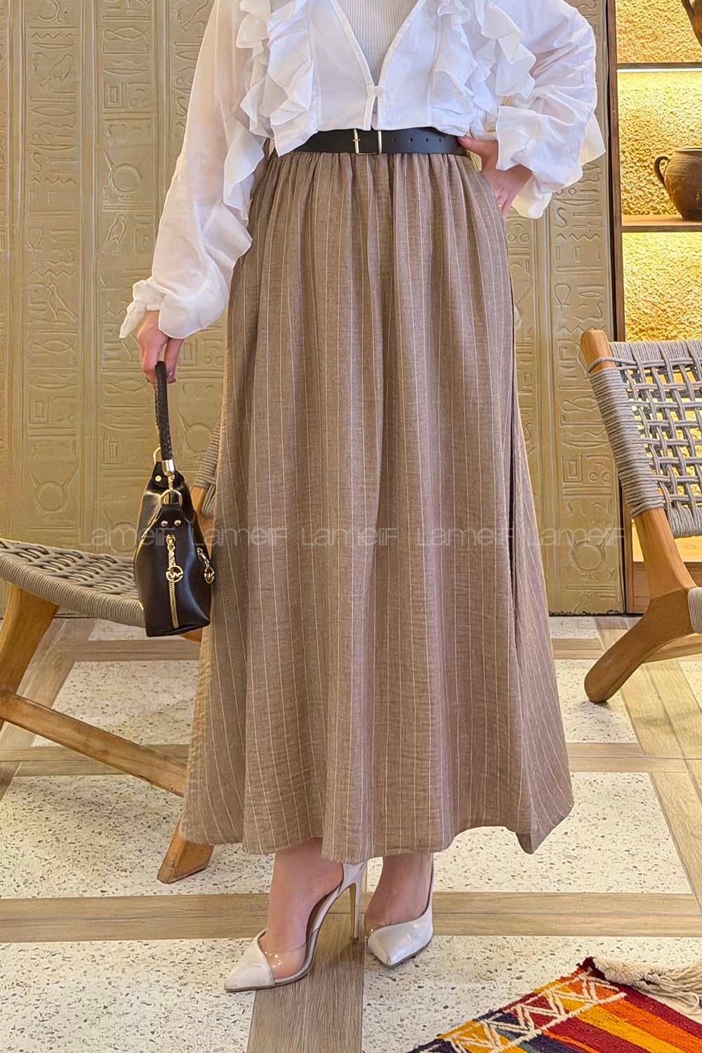 Lamelif Çizgili Tesettür Etek Vizonrengi