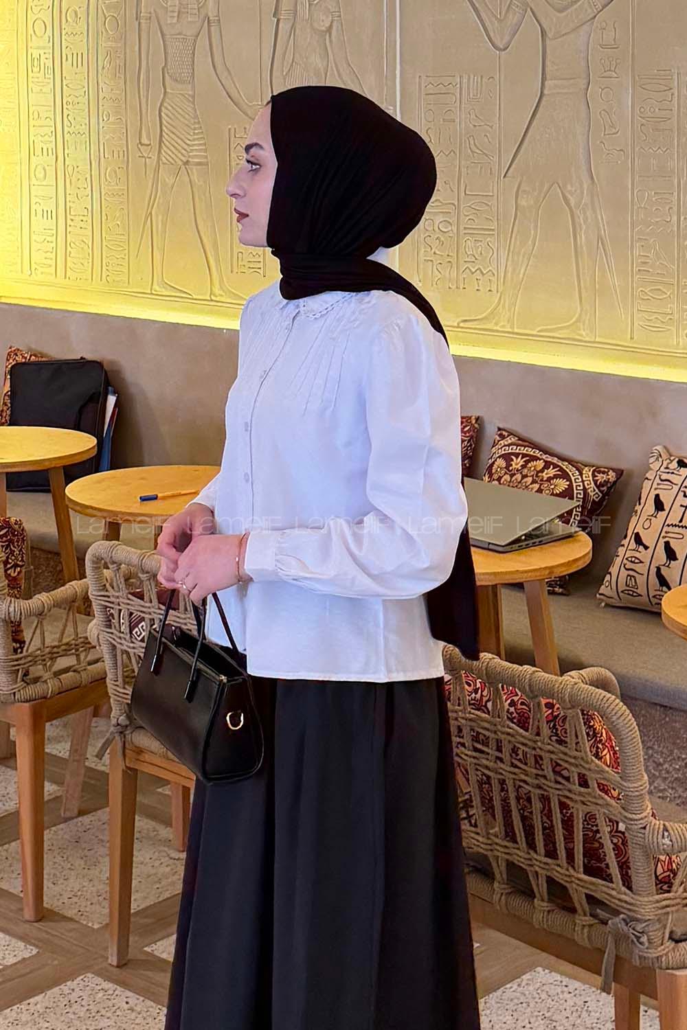 Lamelif Dantel Dikişli Gömlek Beyaz