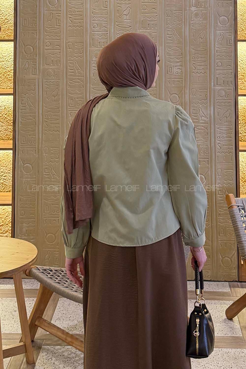 Lamelif Dantel Dikişli Gömlek Çağla Yeşili