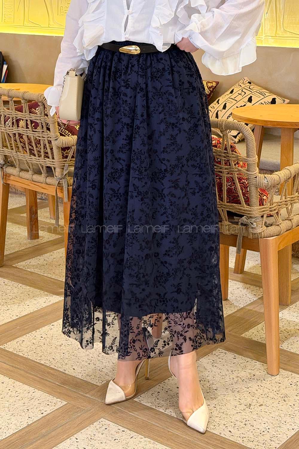 Lamelif Floklu Etek Lacivert