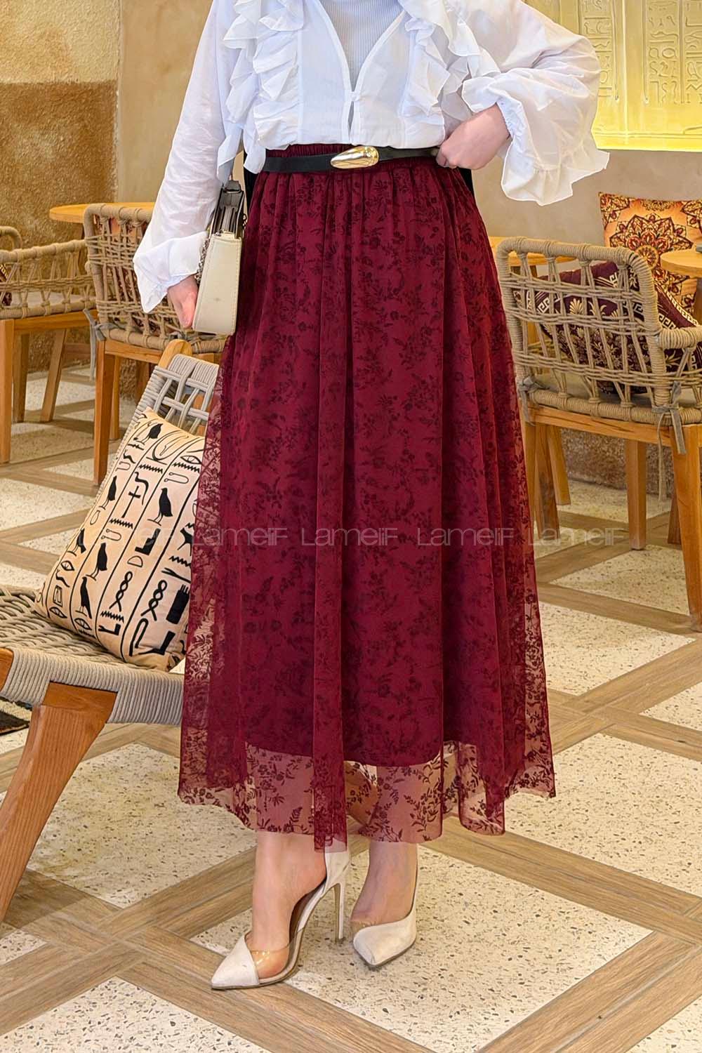 Lamelif Floklu Etek Mürdüm