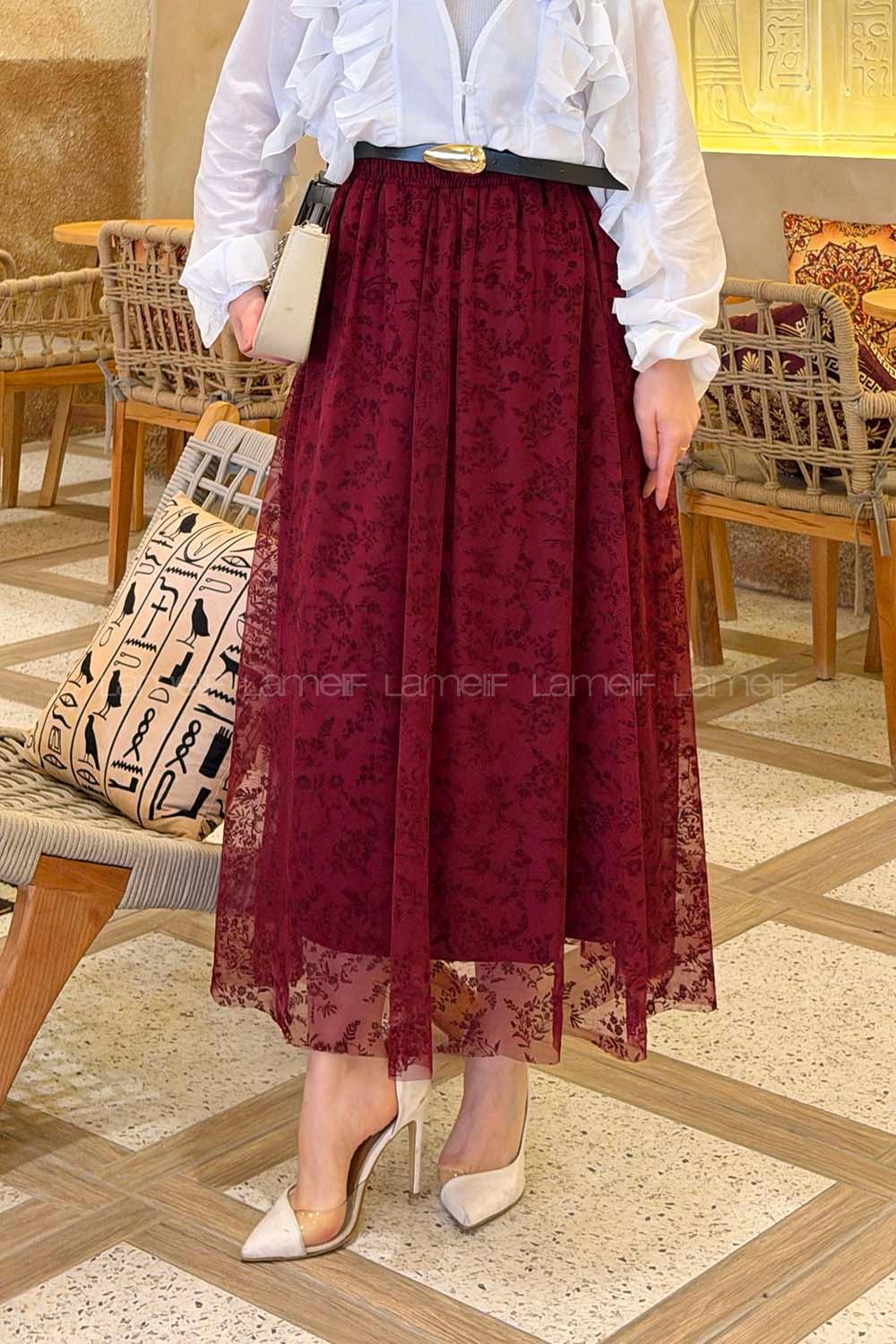 Lamelif Floklu Etek Mürdüm