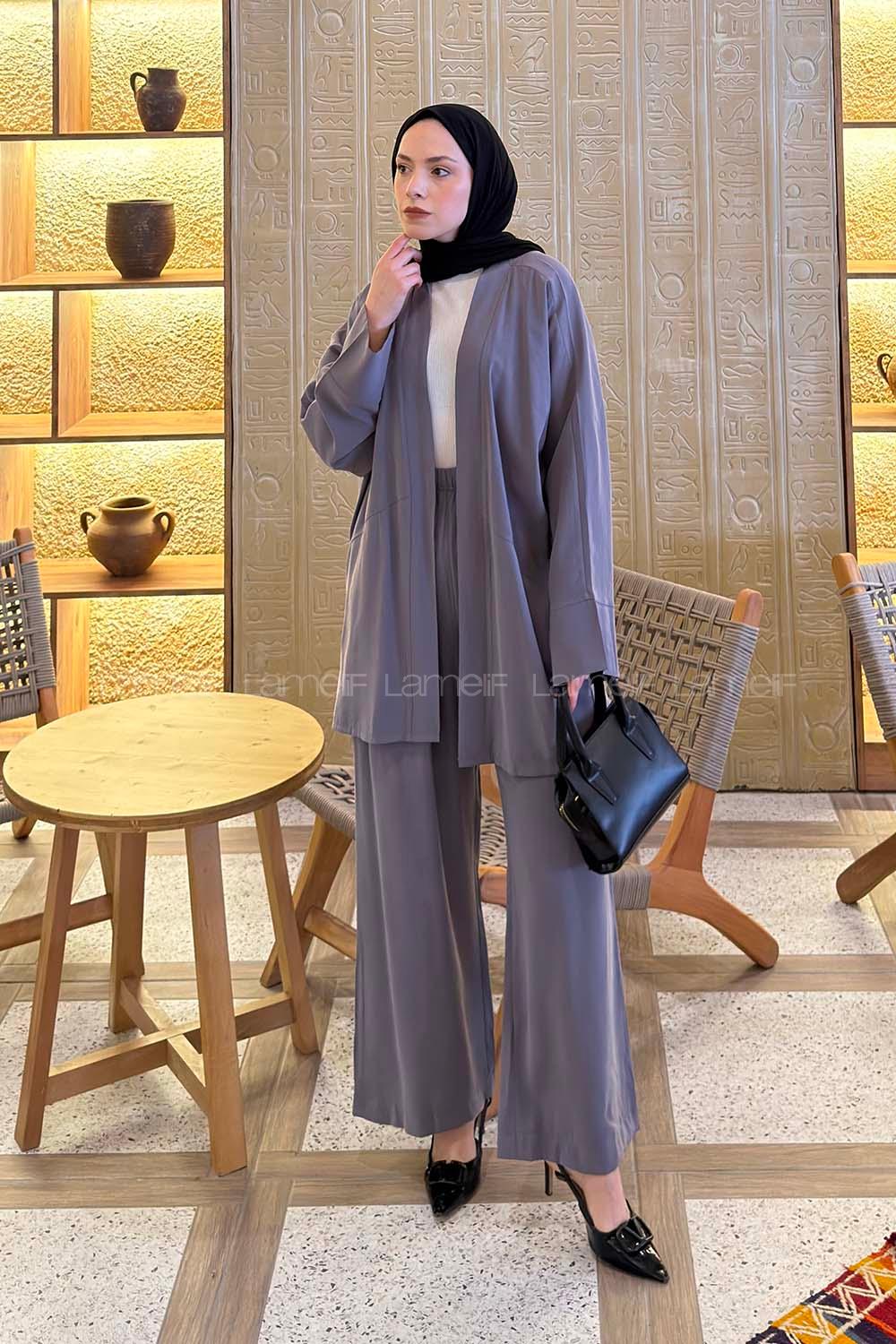 Lamelif Geniş Manşet Detaylı Pantolonlu Takım Gri