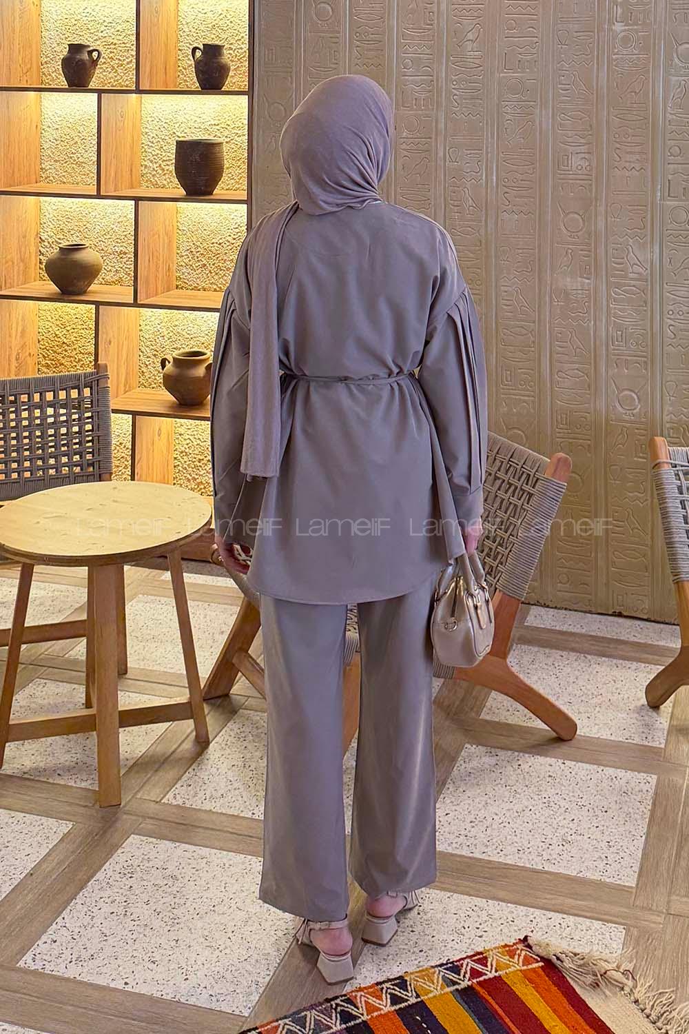 Lamelif Gold Düğme Detaylı Pantolonlu Takım Açık Gri