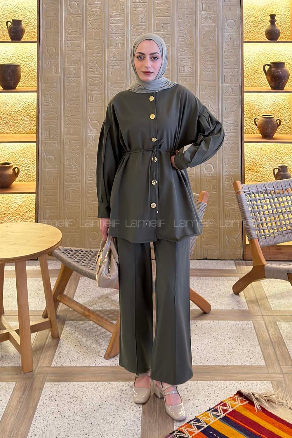 Lamelif Gold Düğme Detaylı Pantolonlu Takım Açık Haki