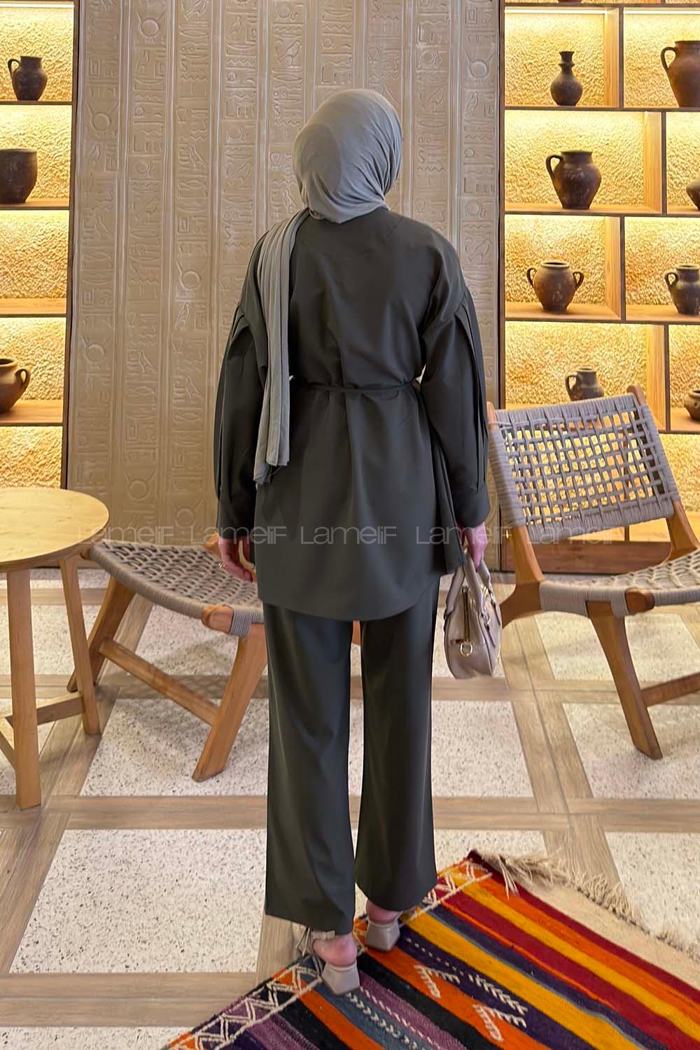 Lamelif Gold Düğme Detaylı Pantolonlu Takım Açık Haki