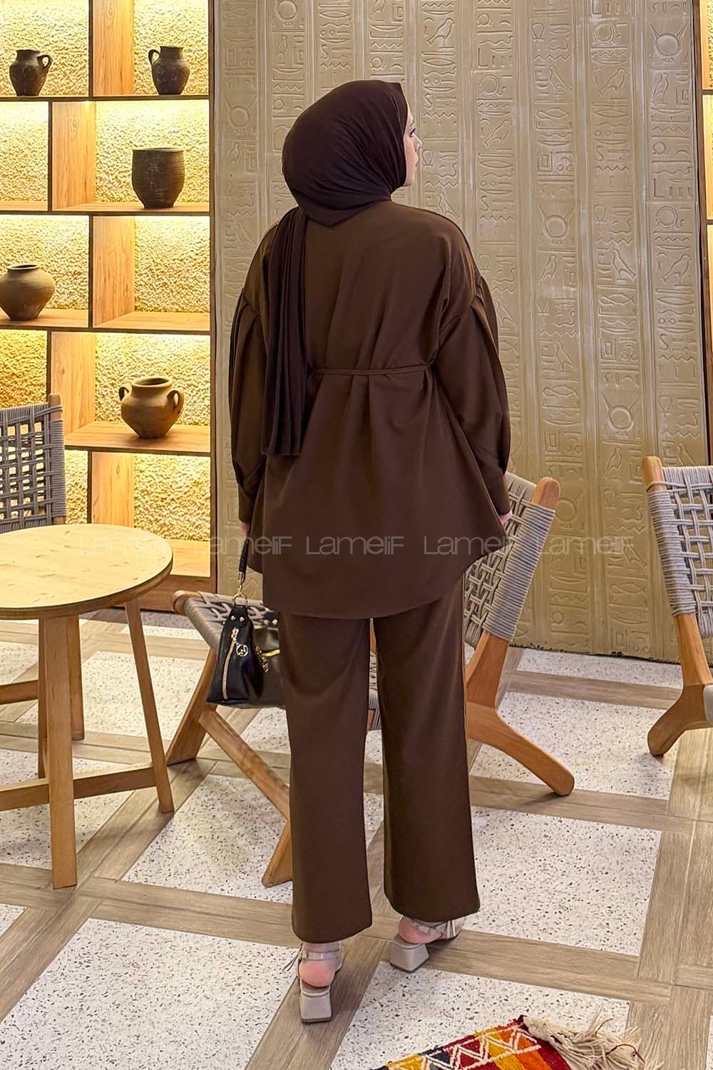 Lamelif Gold Düğme Detaylı Pantolonlu Takım Açık Kahverengi