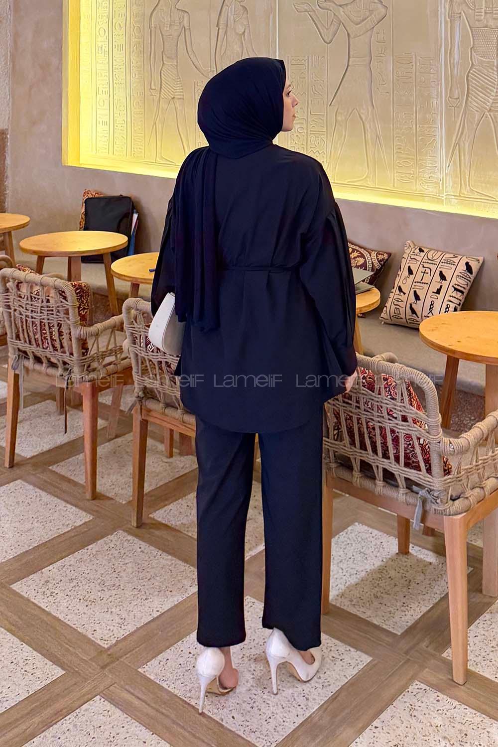 Lamelif Gold Düğme Detaylı Pantolonlu Takım Açık Lacivert