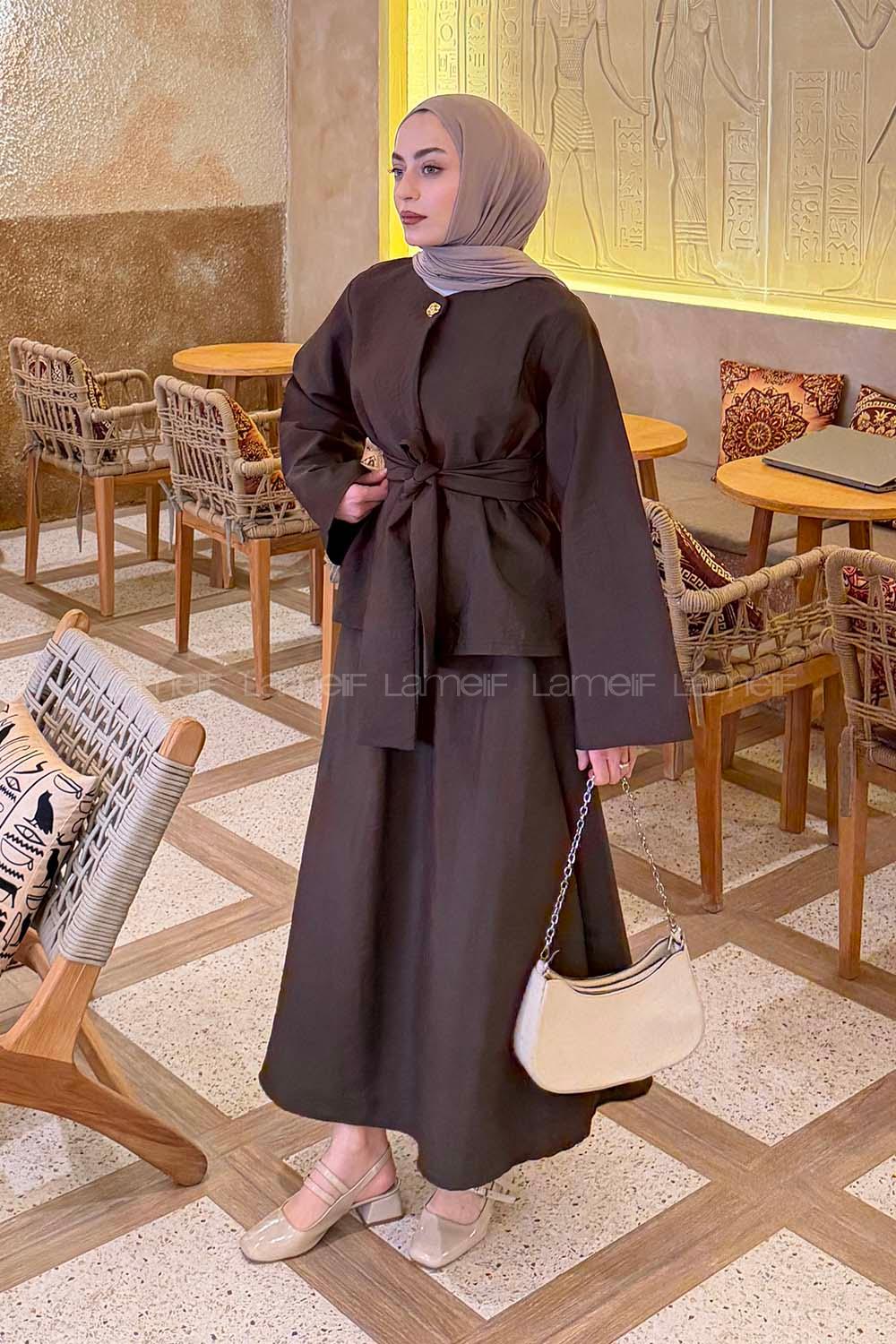 Lamelif Gold Düğmeli Etekli Takım Koyu Kahverengi