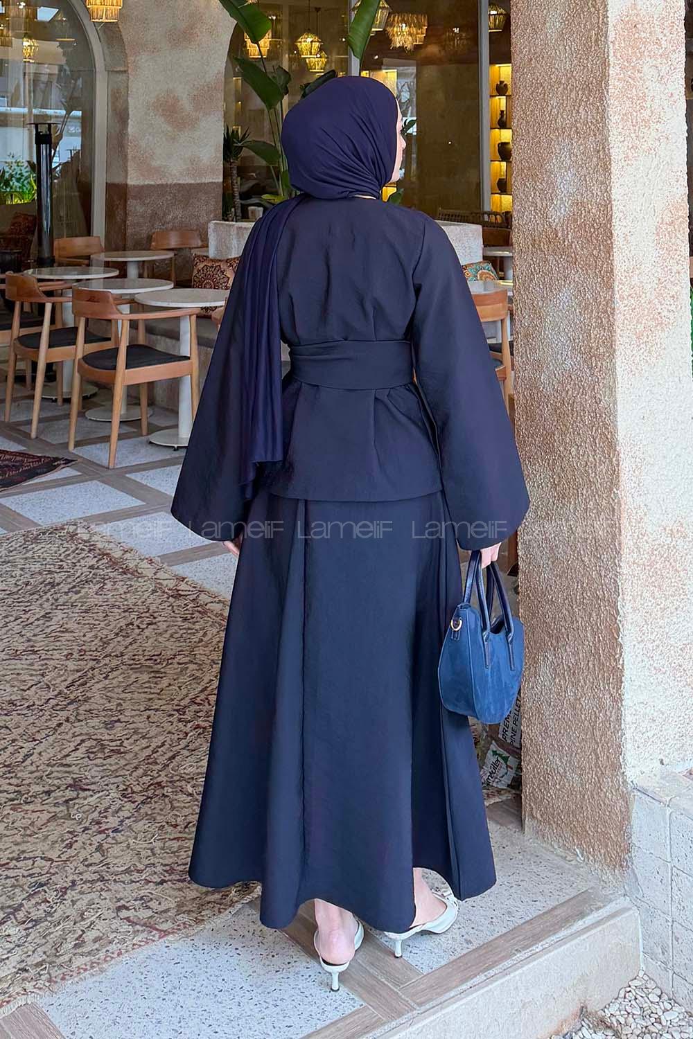 Lamelif Gold Düğmeli Etekli Takım Lacivert