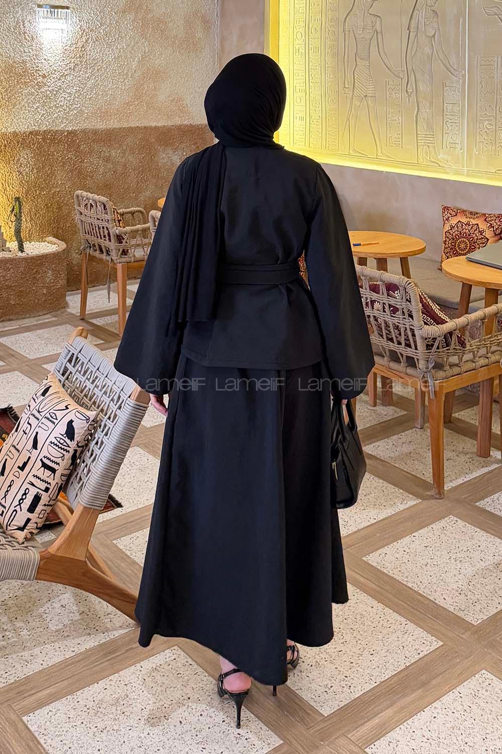 Lamelif Gold Düğmeli Etekli Takım Siyah