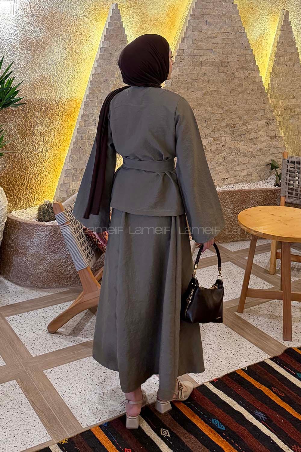 Lamelif Gold Düğmeli Etekli Takım Vizonrengi