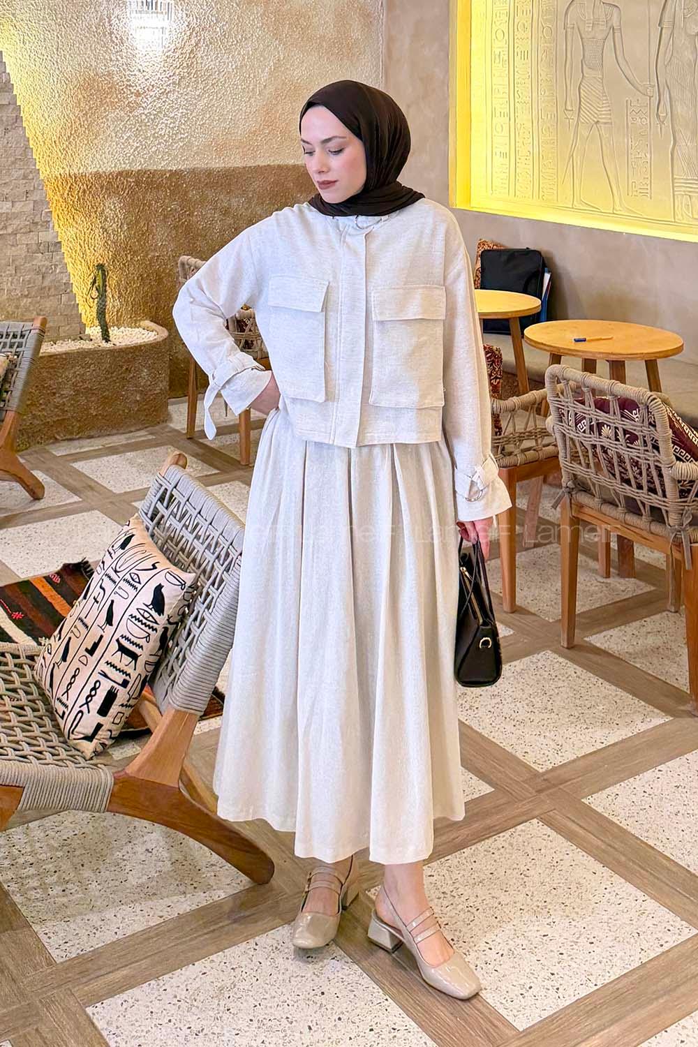 Stone Mandarin Collar Long Arm Linen Straight Skirt Suit